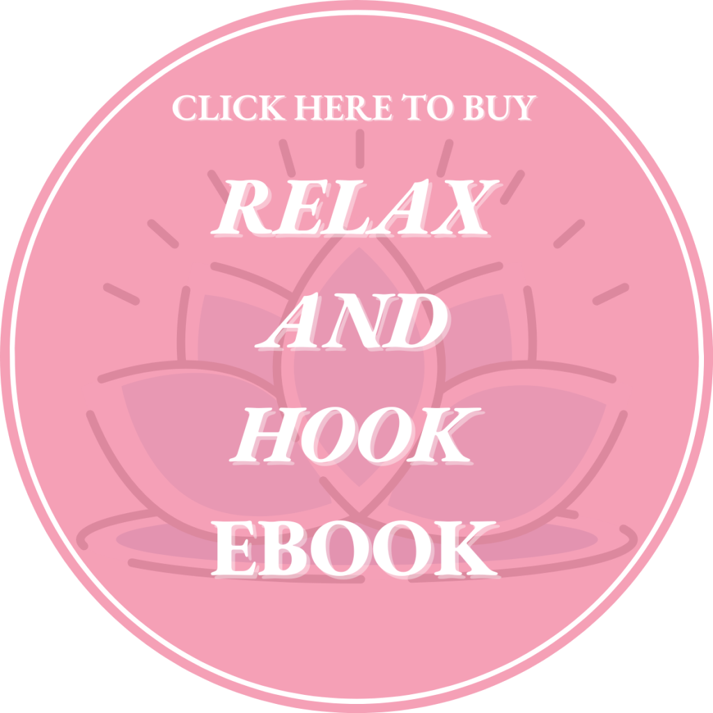 A circular light pink button stating click here to by relax and hook ebook